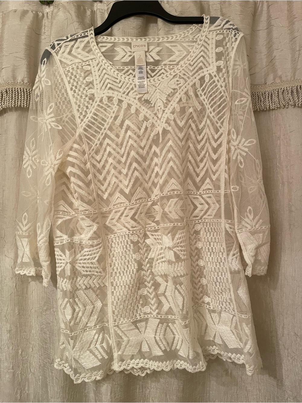 Chico's White Embroidered Sheer Tunic Top